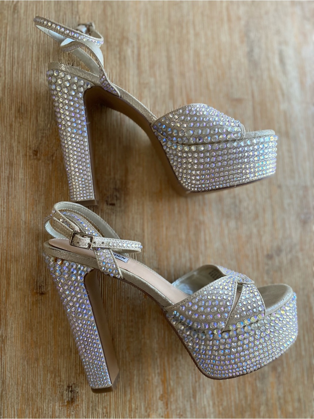Steve Madden Socializer Rhinestone Embellished Champagne Platform Heels 8